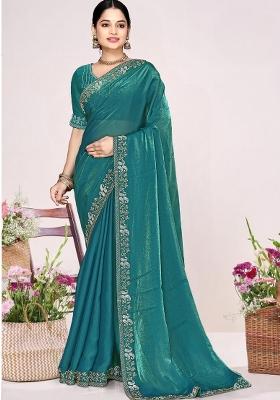 Teal Embroidery Silk Saree Set