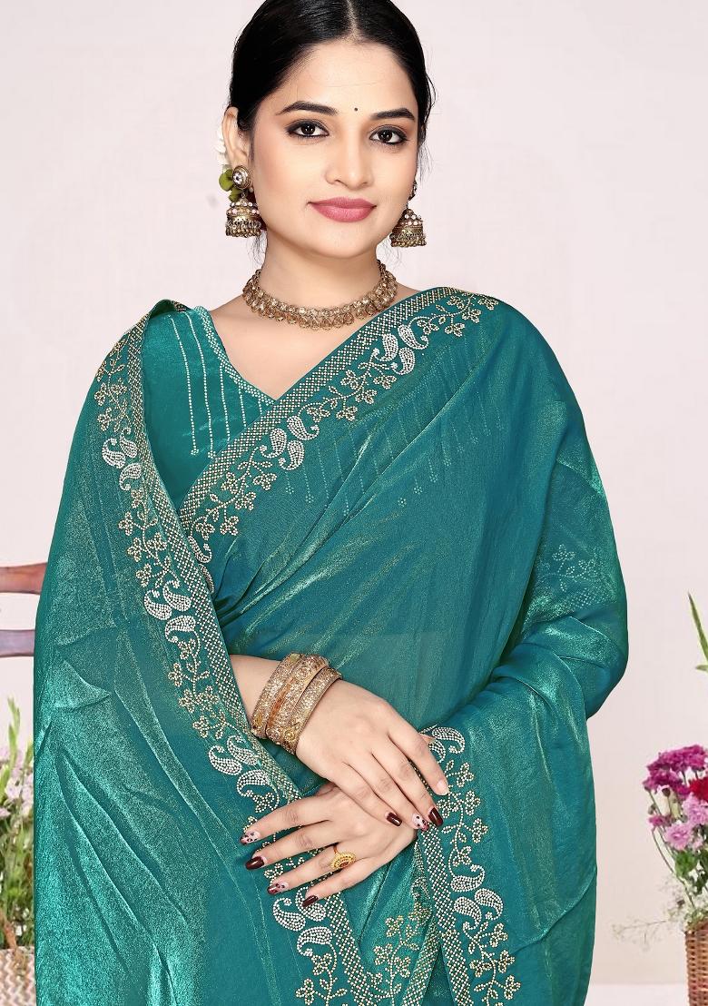 Teal Embroidery Silk Saree Set - Indya