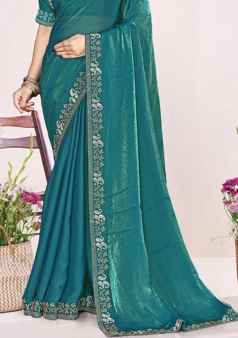 Teal Embroidery Silk Saree Set - Indya