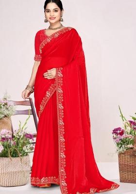 Red Embroidery Silk Saree Set