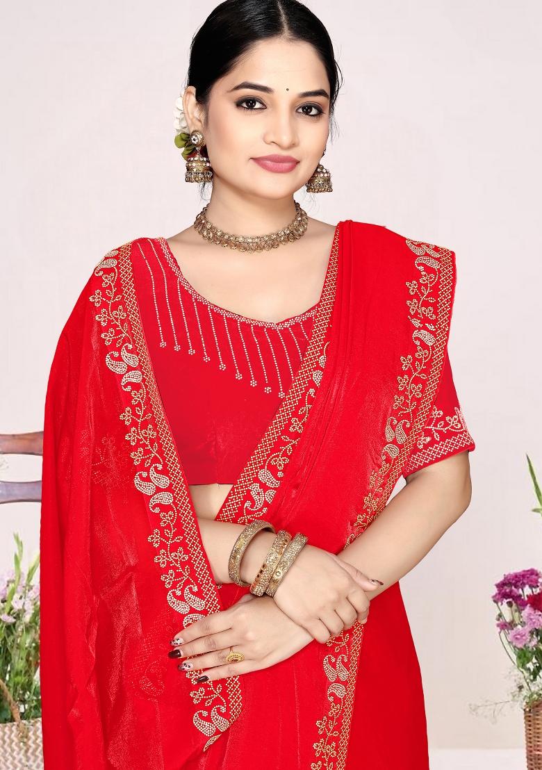 Red Embroidery Silk Saree Set - Indya