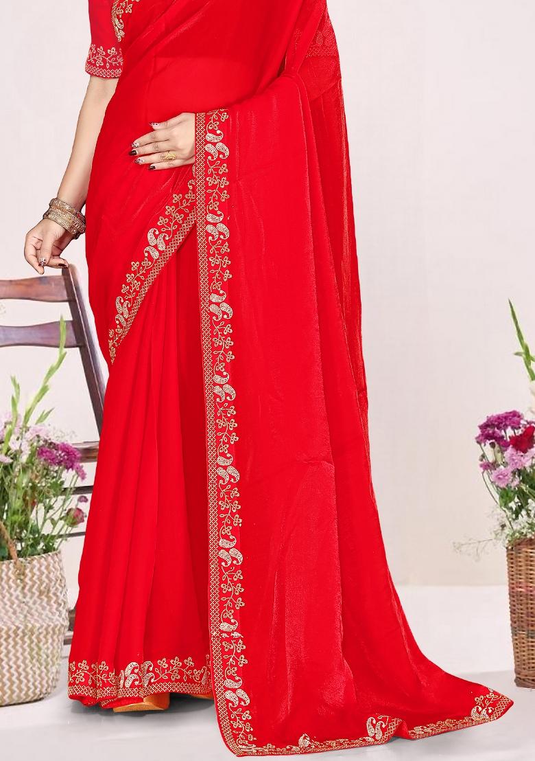 Red Embroidery Silk Saree Set - Indya