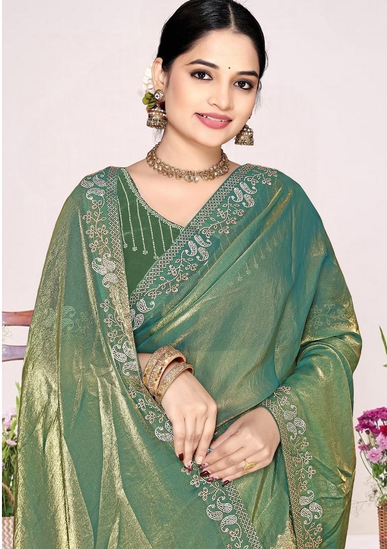 Green Embroidery Silk Saree Set - Indya