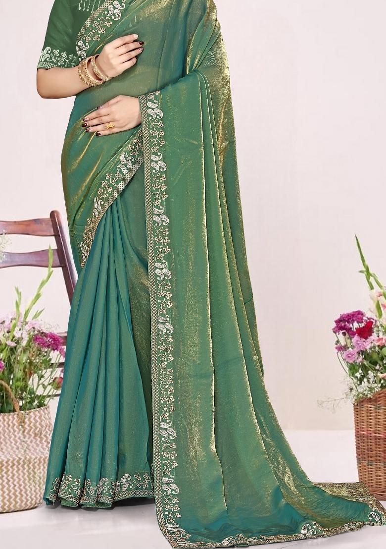 Green Embroidery Silk Saree Set - Indya