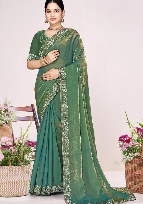 Green Embroidery Silk Blend Saree Set