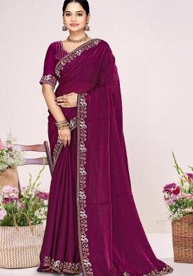 Wine Embroidery Silk Saree Set