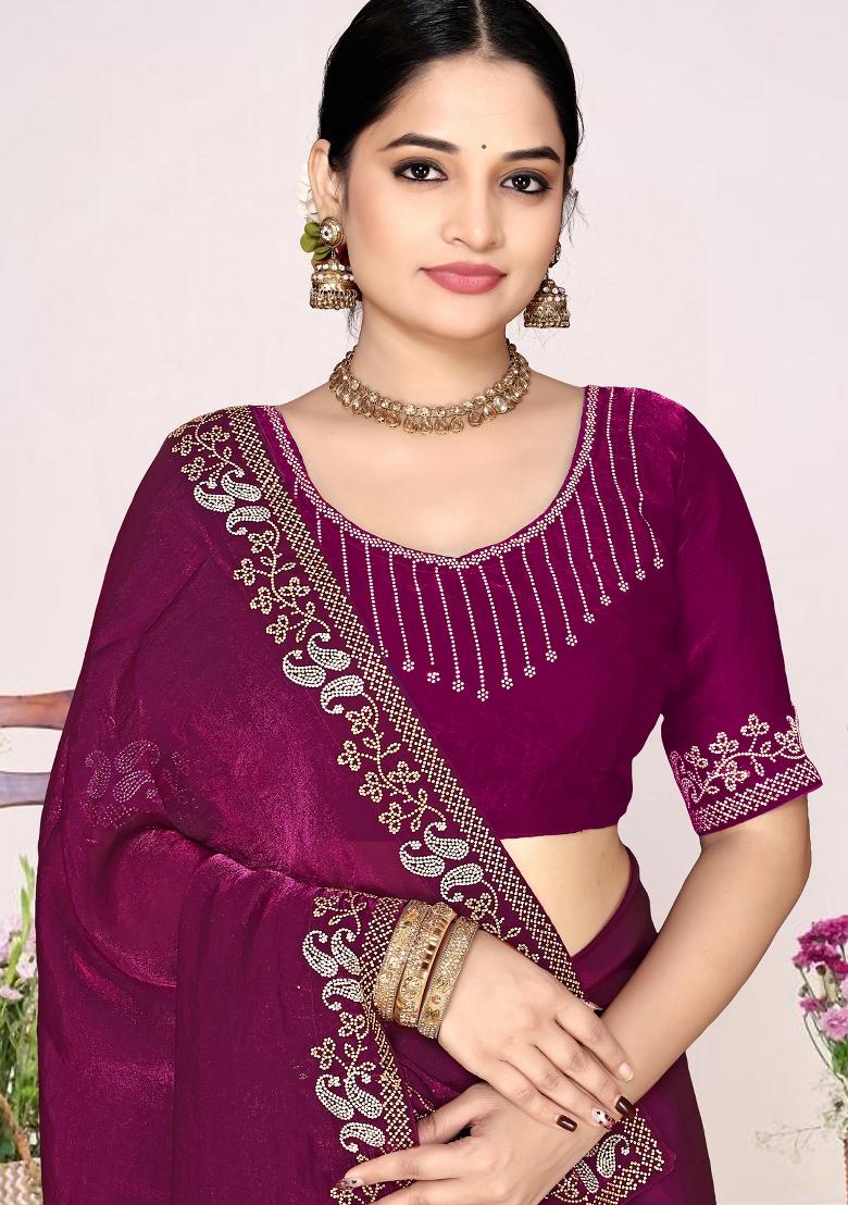 Wine Embroidery Silk Saree Set - Indya