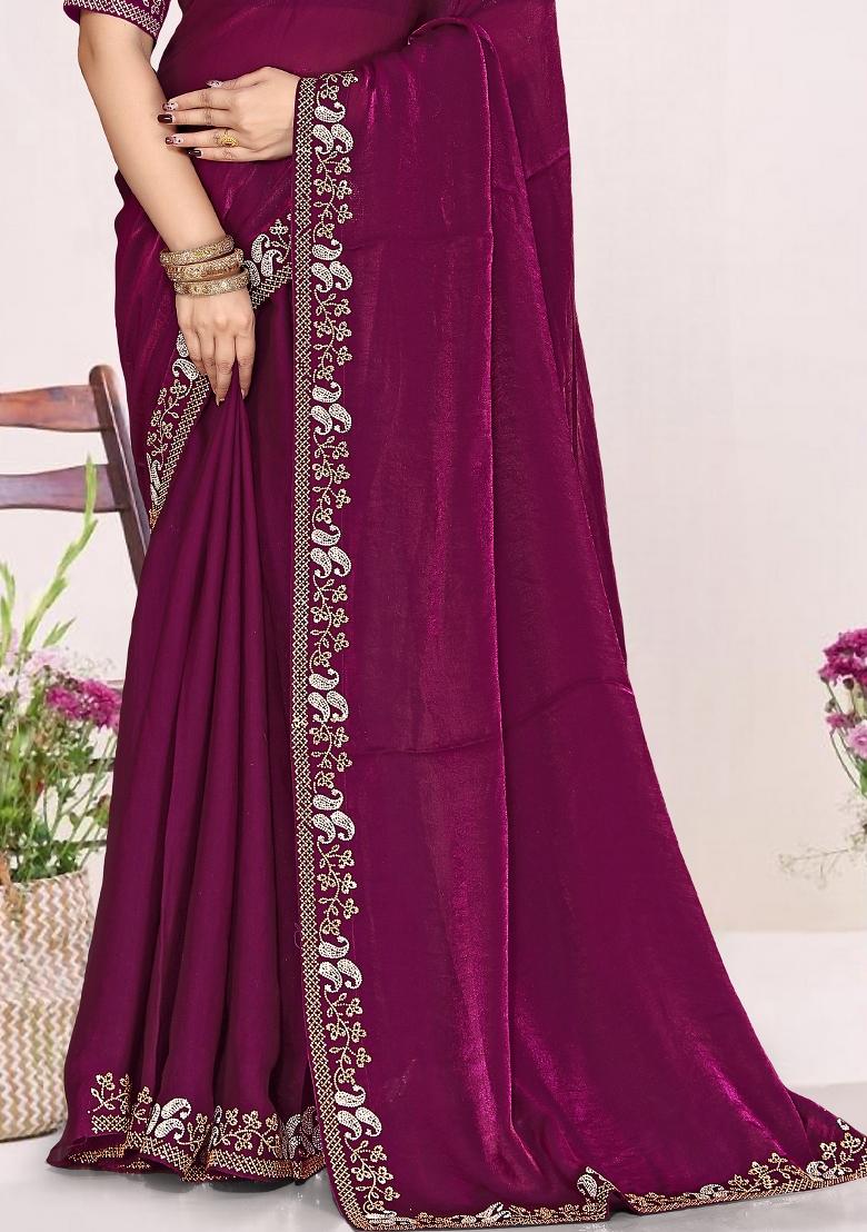 Wine Embroidery Silk Saree Set - Indya