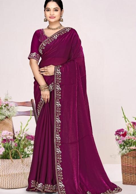 Wine Embroidery Silk Saree Set