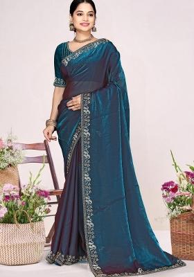 Teal Blue Embroidery Silk Saree Set