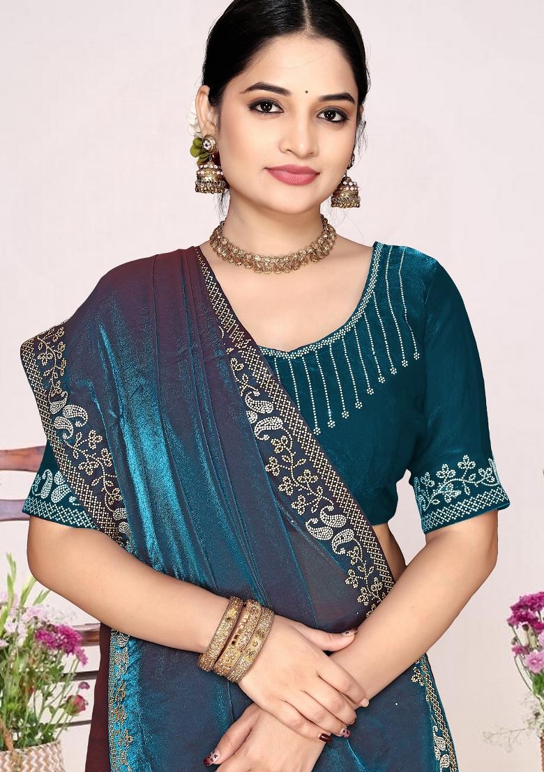 Teal Blue Embroidery Silk Saree Set - Indya