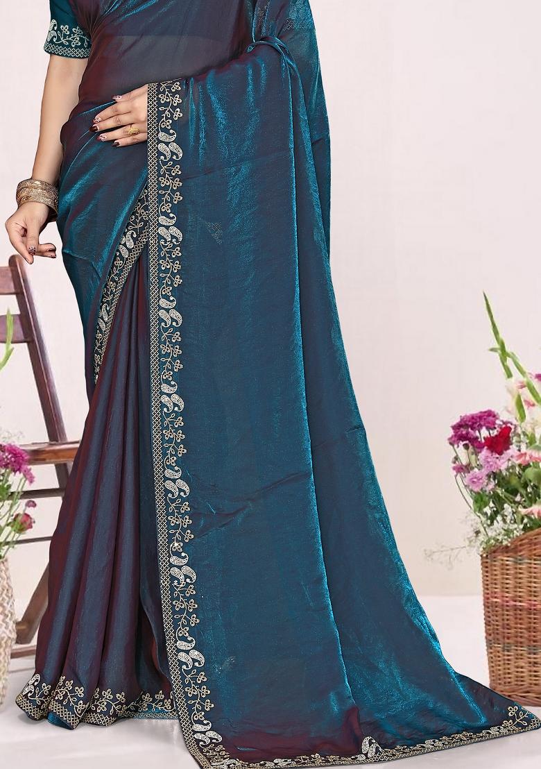 Teal Blue Embroidery Silk Saree Set - Indya