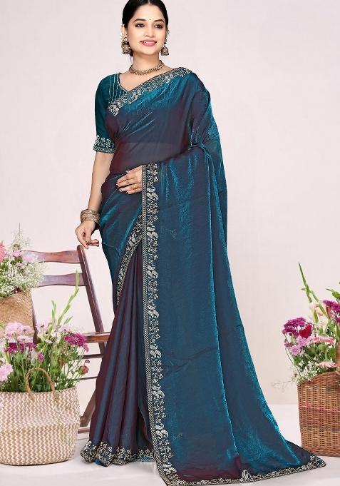 Teal Blue Embroidery Silk Saree Set — view on Indya