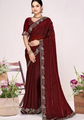 Maroon Embroidery Silk Saree Set