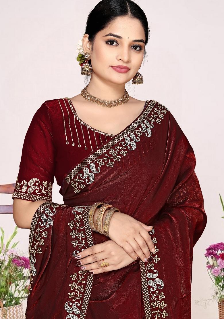 Maroon Embroidery Silk Saree Set - Indya