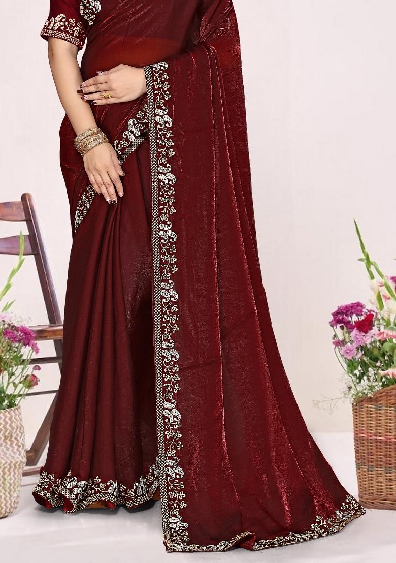 Maroon Embroidery Silk Saree Set - Indya