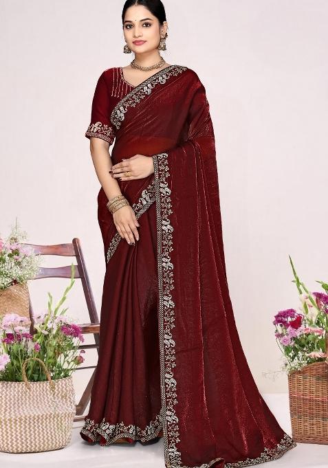 Maroon Embroidery Silk Saree Set