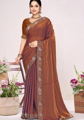Rust Embroidery Silk Saree Set