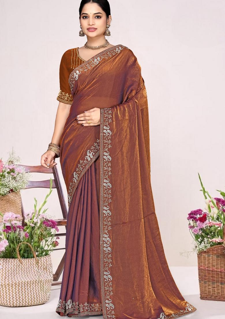 Rust Embroidery Silk Saree Set - Indya