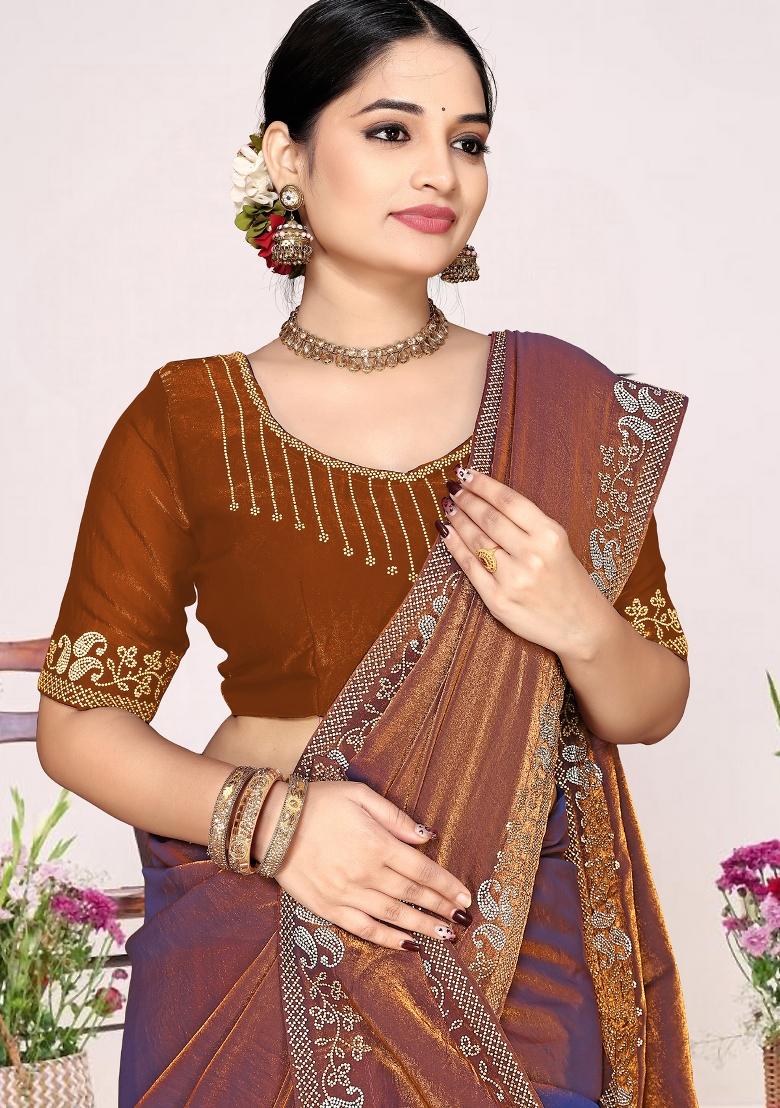 Rust Embroidery Silk Saree Set - Indya