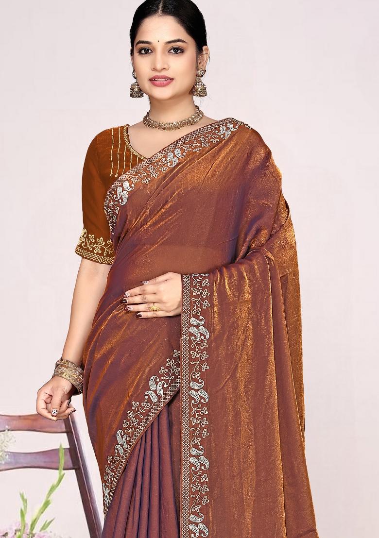 Rust Embroidery Silk Saree Set - Indya