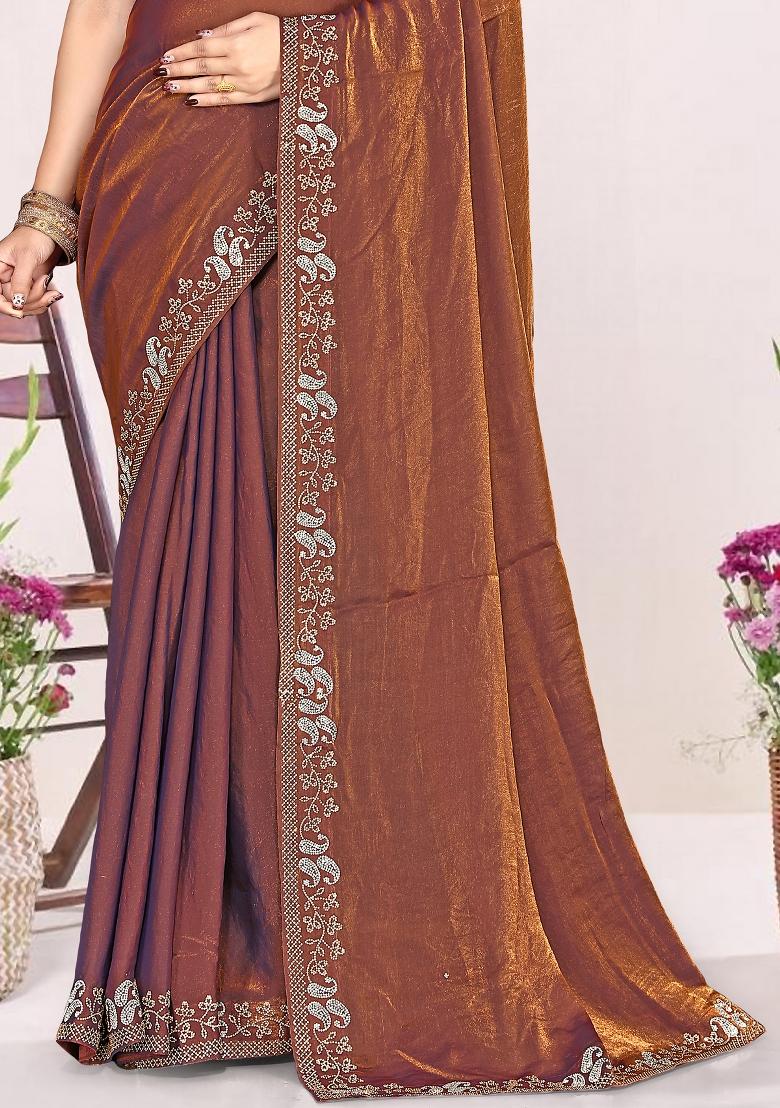 Rust Embroidery Silk Saree Set - Indya