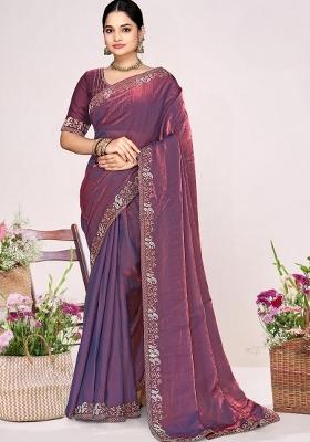Purple Embroidery Silk Saree Set