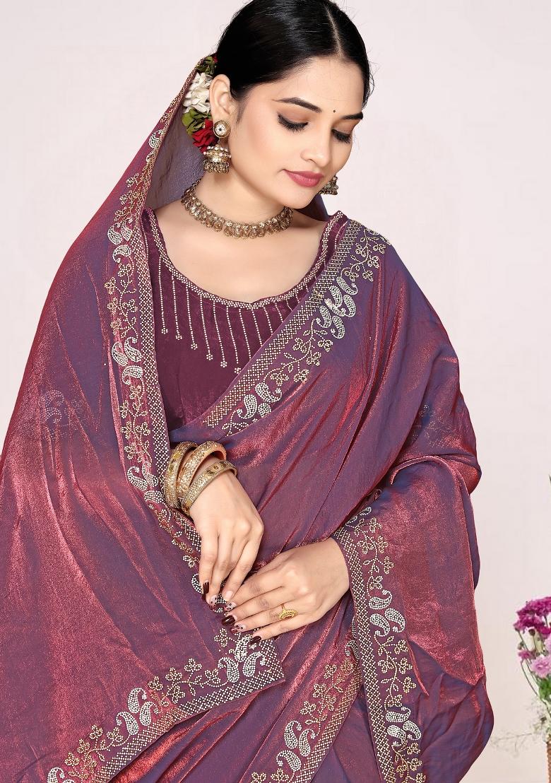 Purple Embroidery Silk Saree Set - Indya