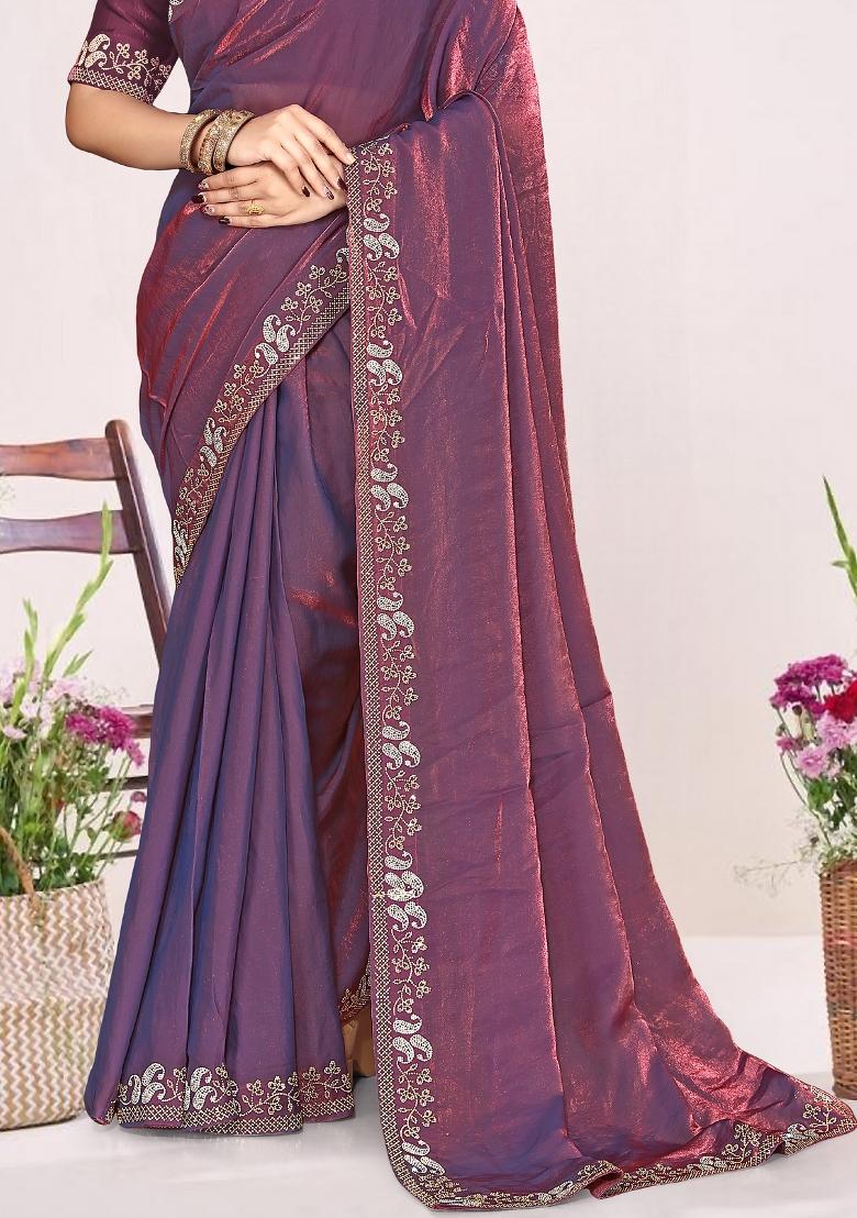 Purple Embroidery Silk Saree Set - Indya