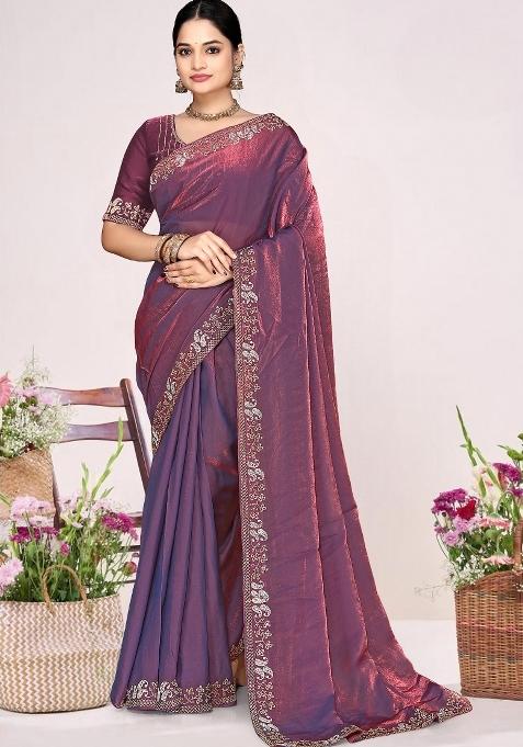 Purple Embroidery Silk Saree Set