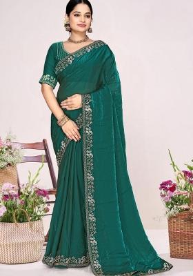 Teal Green Embroidery Silk Saree Set