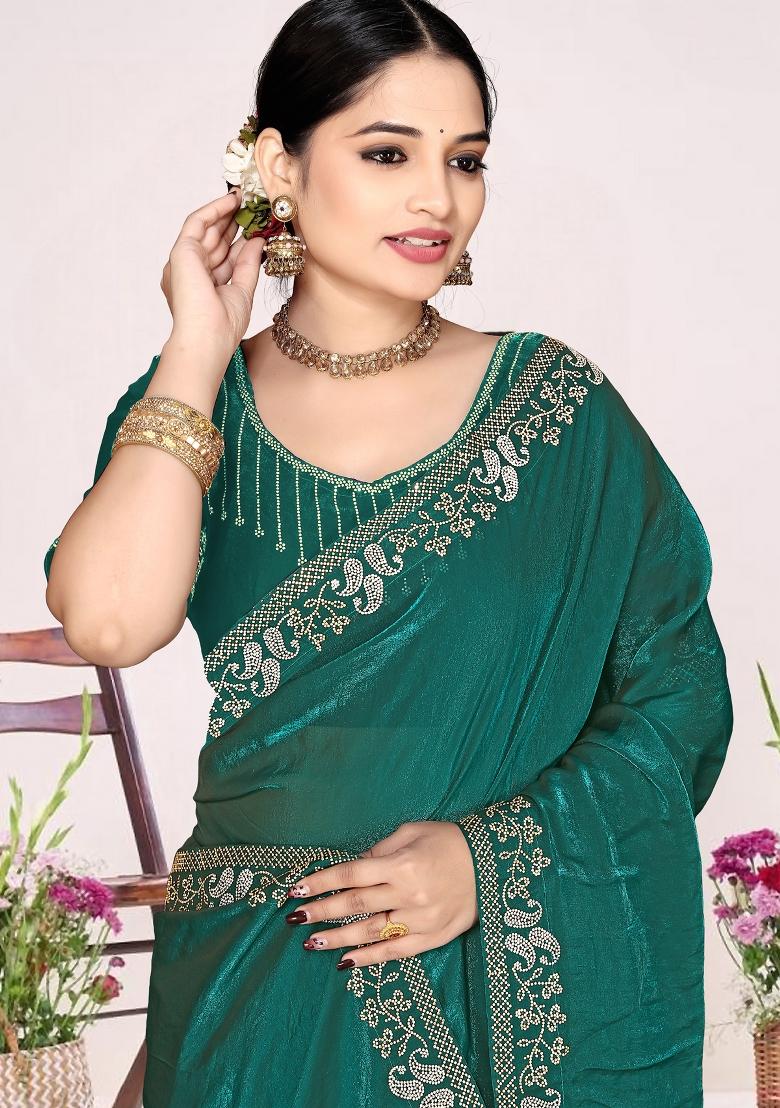 Teal Green Embroidery Silk Saree Set - Indya