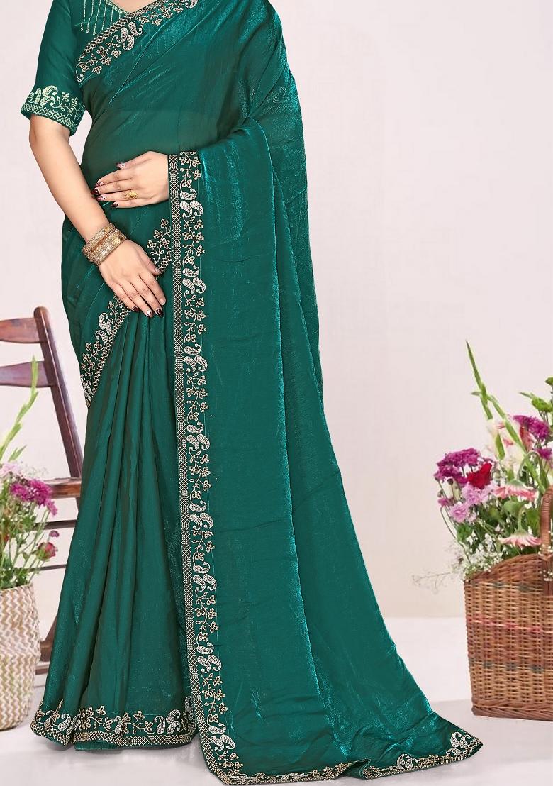 Teal Green Embroidery Silk Saree Set - Indya
