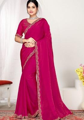 Magenta Embroidery Silk Saree Set