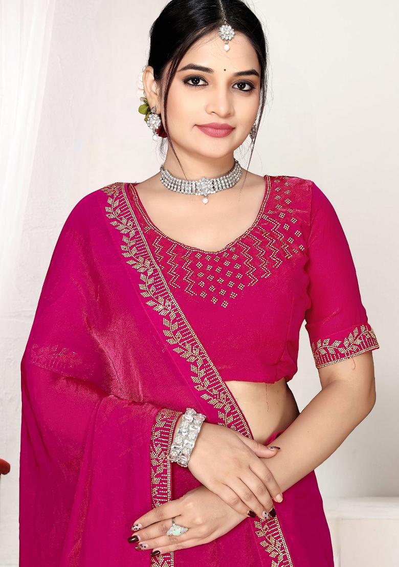 Magenta Embroidery Silk Saree Set - Indya
