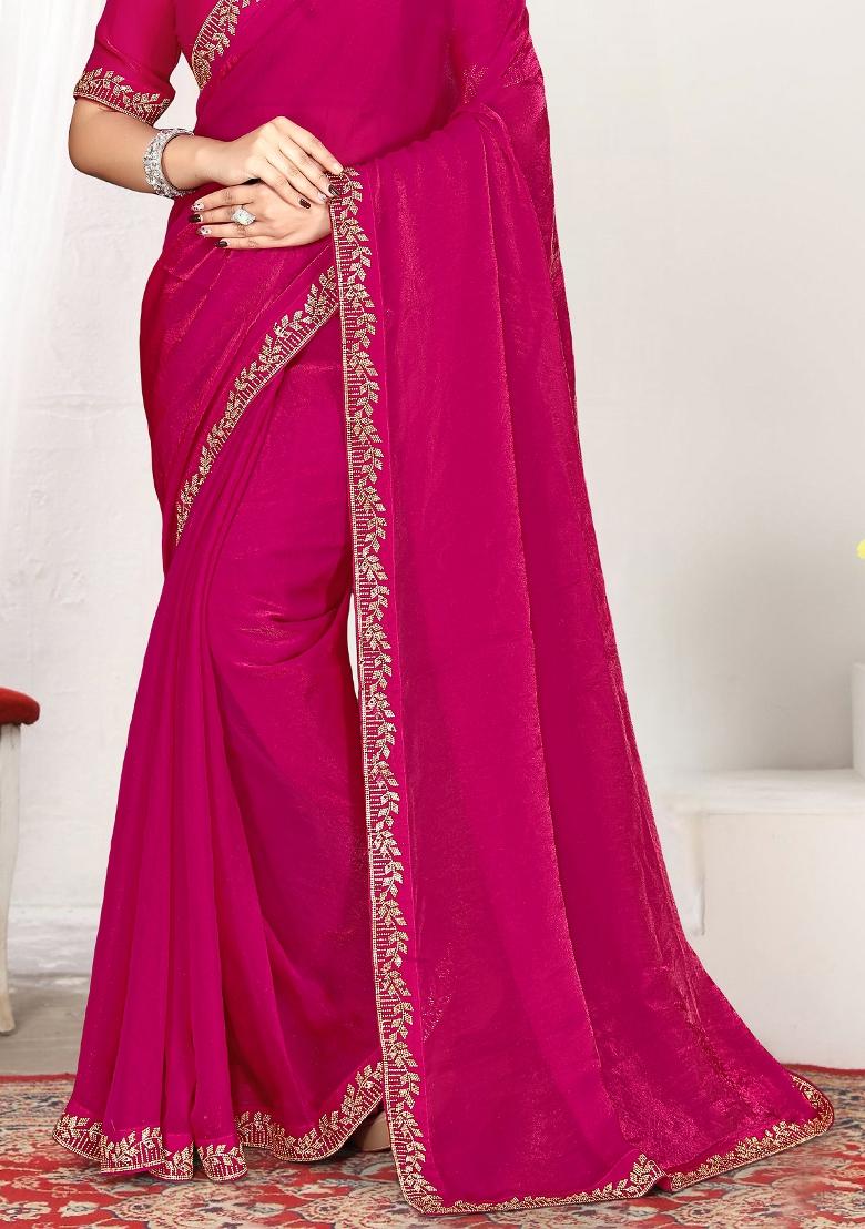 Magenta Embroidery Silk Saree Set - Indya