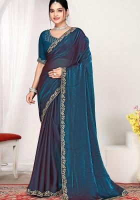 Teal Blue Embroidery Silk Saree Set
