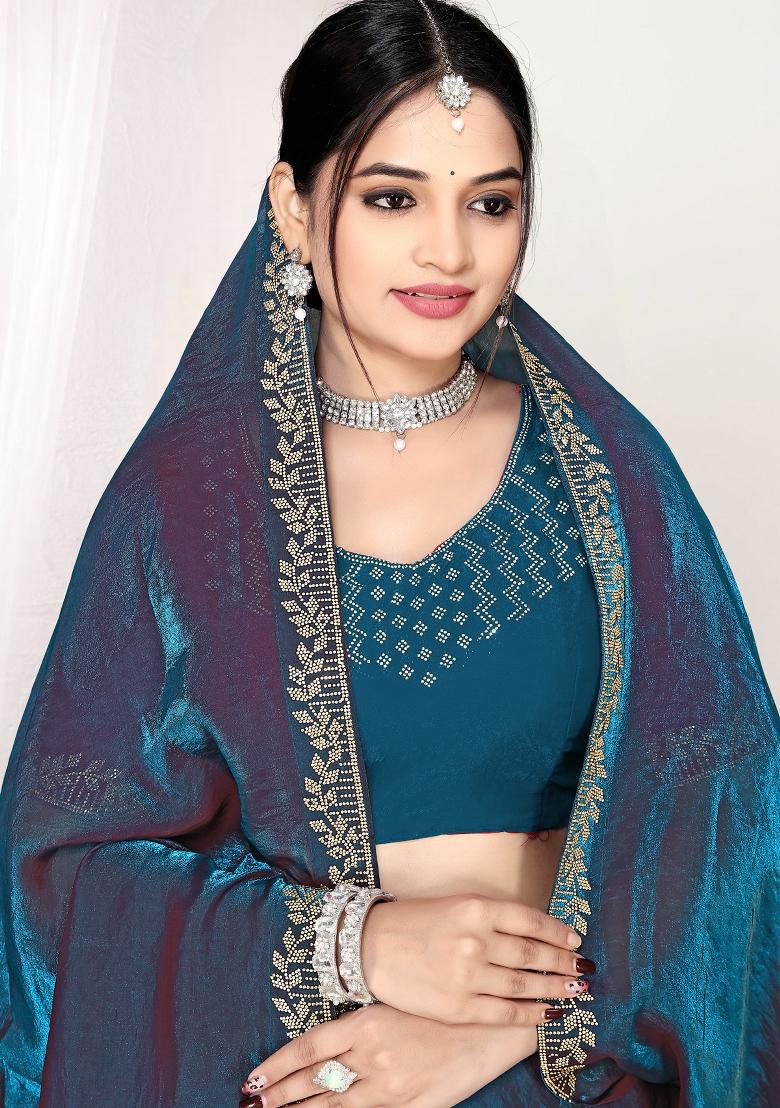 Teal Blue Embroidery Silk Saree Set - Indya