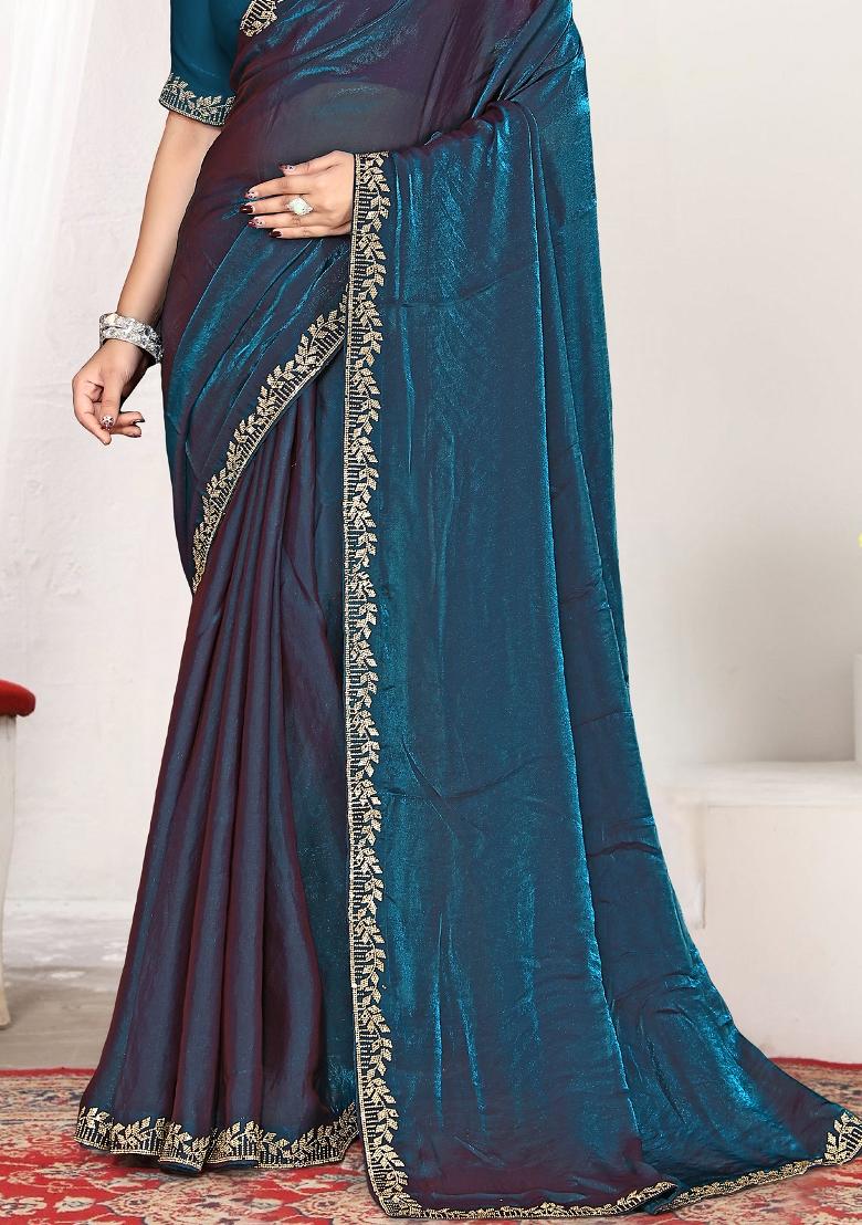 Teal Blue Embroidery Silk Saree Set - Indya