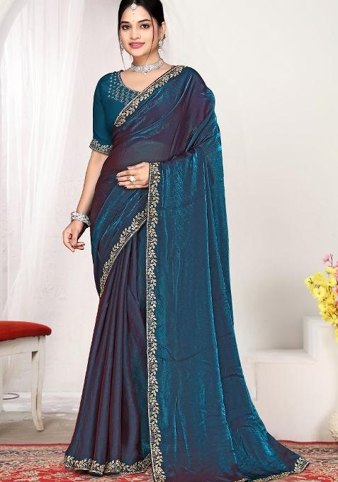 Teal Blue Embroidery Silk Saree Set — view on Indya