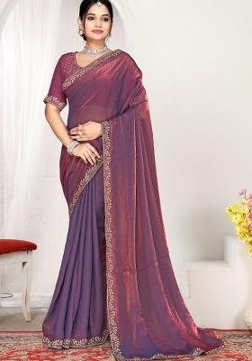 Purple Embroidery Silk Saree Set