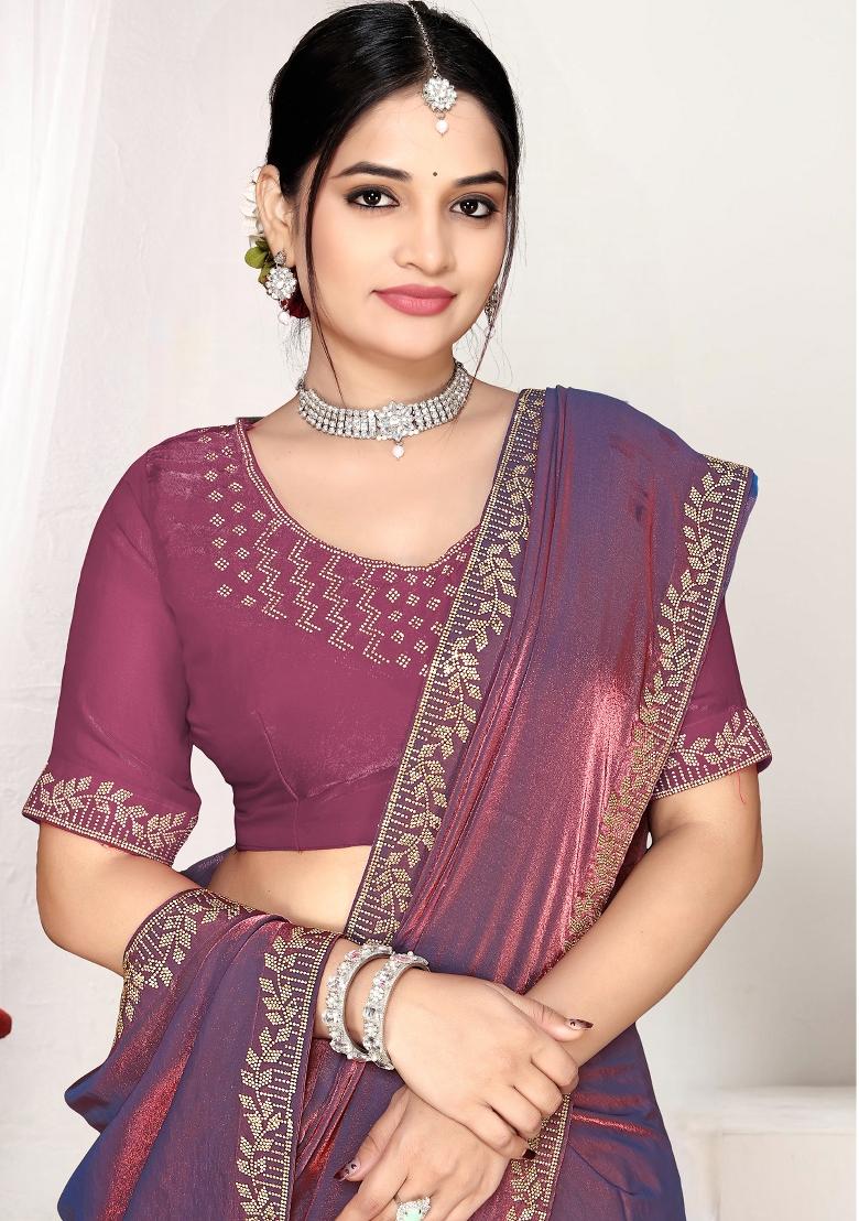 Purple Embroidery Silk Saree Set - Indya