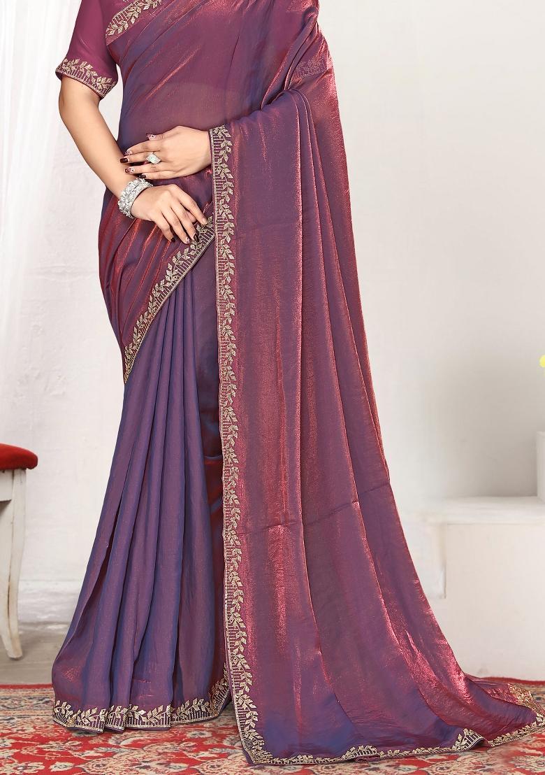 Purple Embroidery Silk Saree Set - Indya