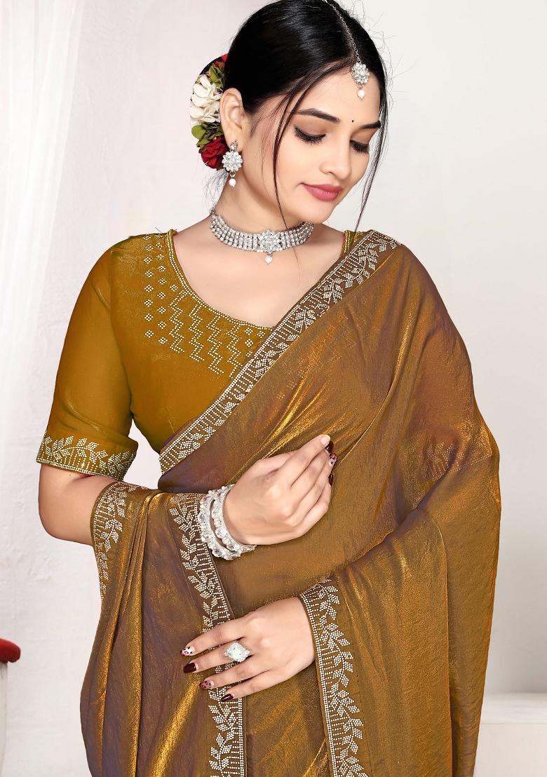Mustard Embroidery Silk Saree Set - Indya