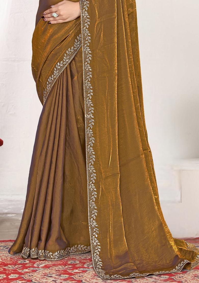 Mustard Embroidery Silk Saree Set - Indya