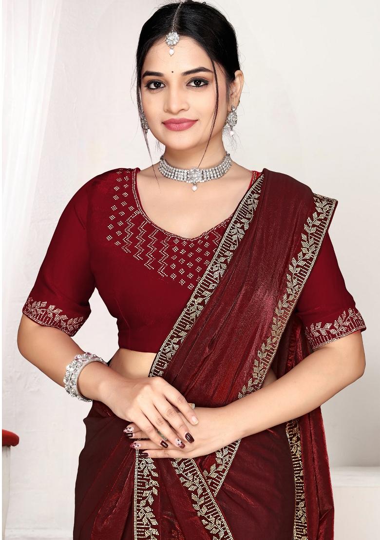 Maroon Embroidery Silk Saree Set - Indya