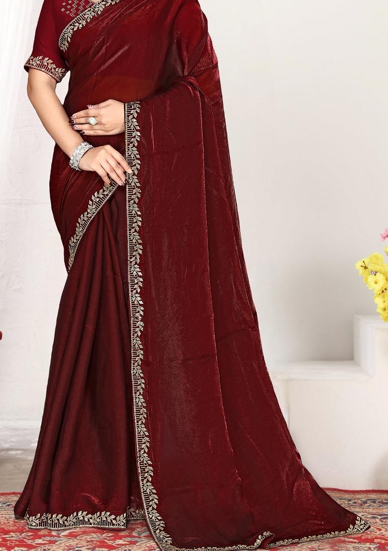 Maroon Embroidery Silk Saree Set - Indya