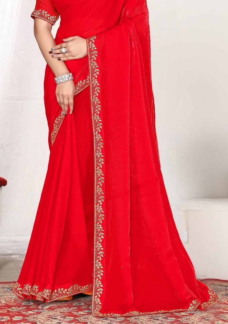 Red Embroidery Silk Saree Set - Indya