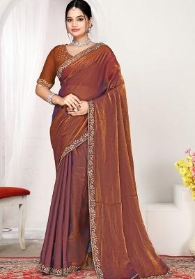 Rust Embroidery Silk Saree Set