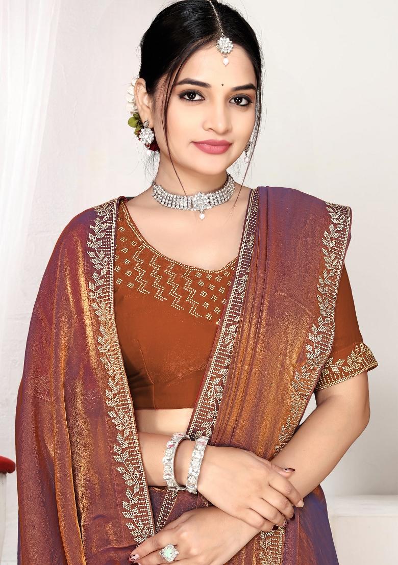 Rust Embroidery Silk Saree Set - Indya